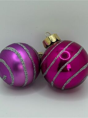 Vintage Pink Glass Christmas Ornaments Set Glitter Swirl Mercury Magenta Pair CR